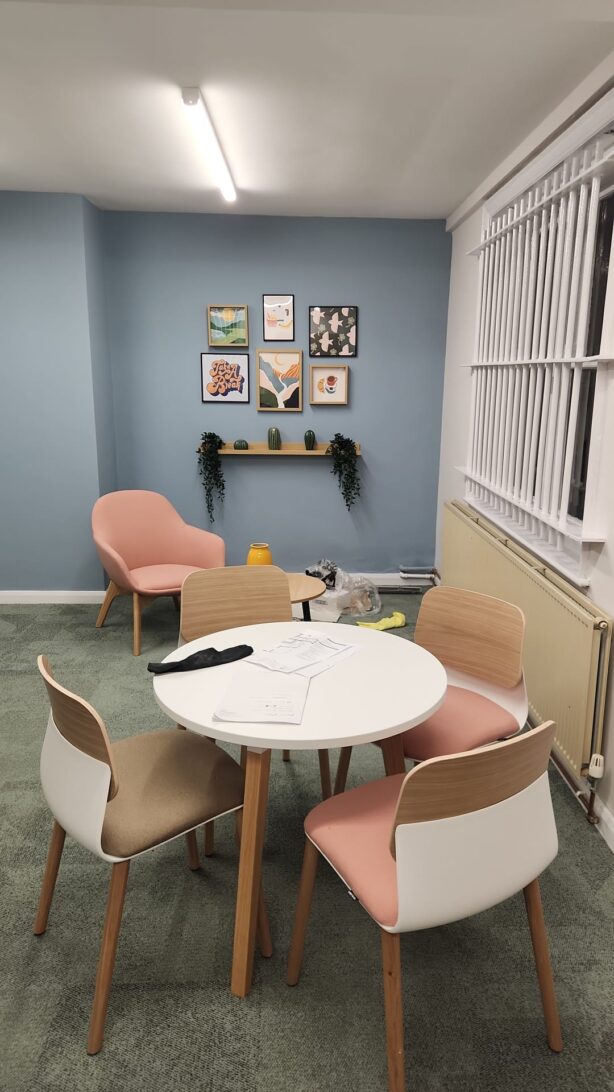 Commercial meeting space finished in soft blues